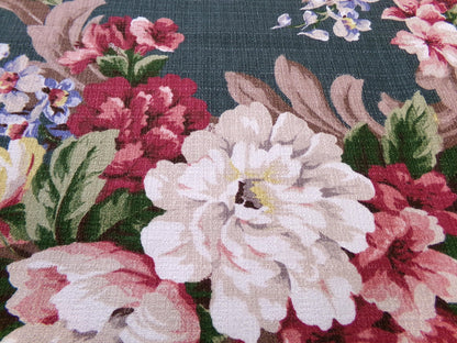 Vintage 1940s Style Repro Barkcloth Fabric Dark Green Cottage Garden Floral, 15.5" x 26"