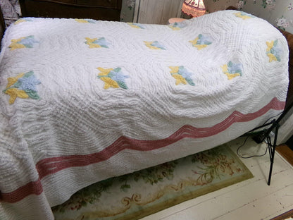 Country Cottage Chic 1950s Cotton Floral Vintage Chenille Bedspread, Full Size