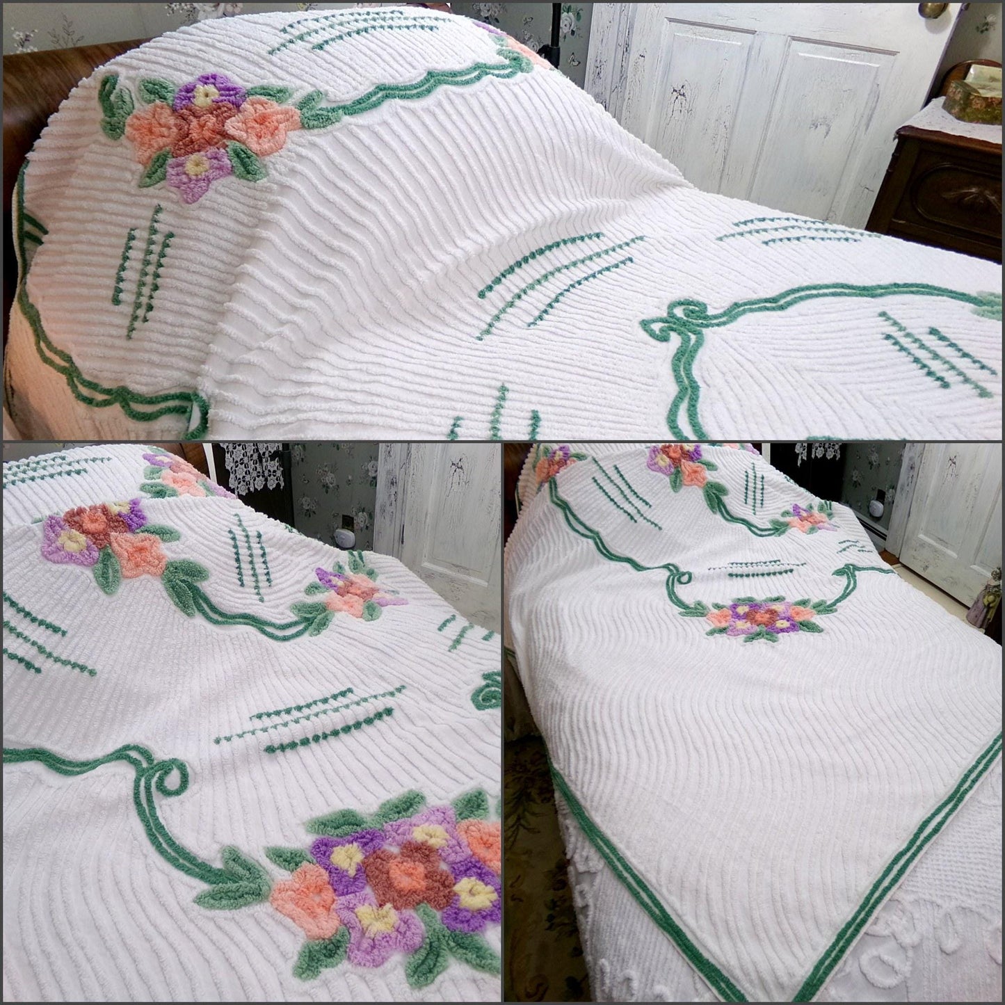 Cottage Style Vintage Chenille Bedspread, White FULL Size Summer Cotton Bedding