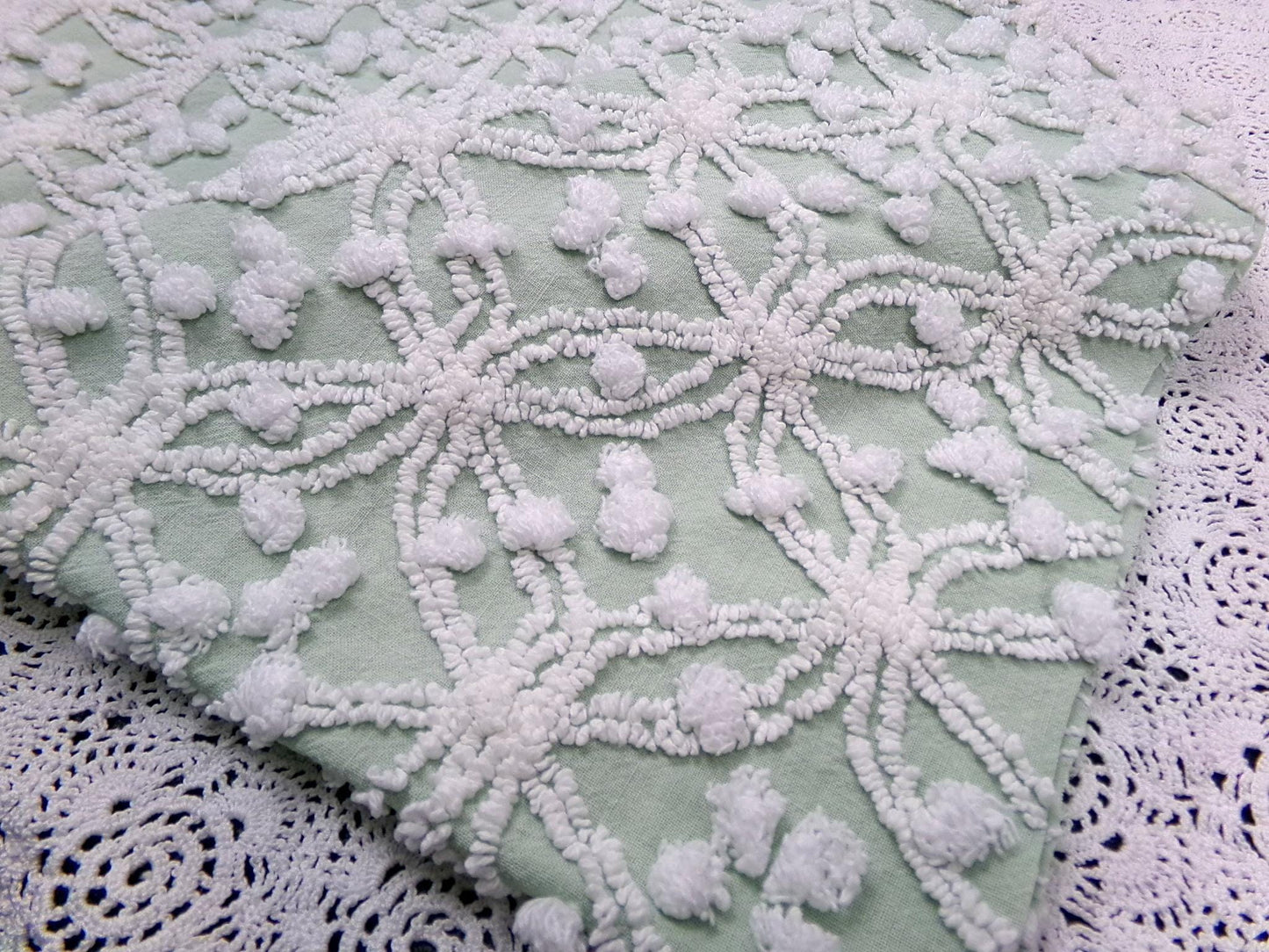 Vintage Sage Green Chenille Bedspread Fabric, Shabby Wedding Ring Pop 18x24" Quilting Material