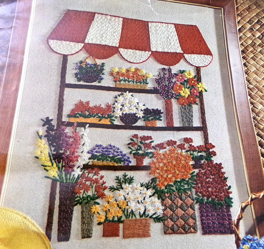 FLOWER STALL Vintage Crewel Embroidery Kit Paragon Needlecraft 0716 Boho Wall Art