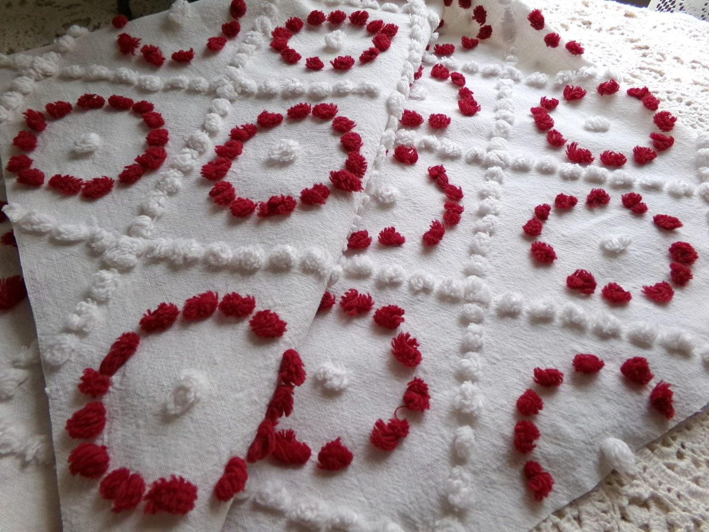 vintage chenille bedspread fabric, upcycle sewing quilt material ruby red circles & white diamonds, 20" x 25"