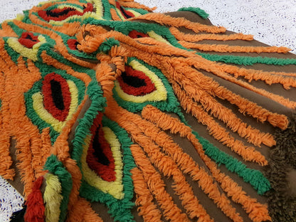 peacock feathers vintage chenille bedspread fabric boho exotic plumes brown orange 14.5x19.5"