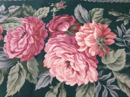 Vintage Rose Curtain Drapery Panel, Deep Green Lined SINGLE Window Drape 82"L