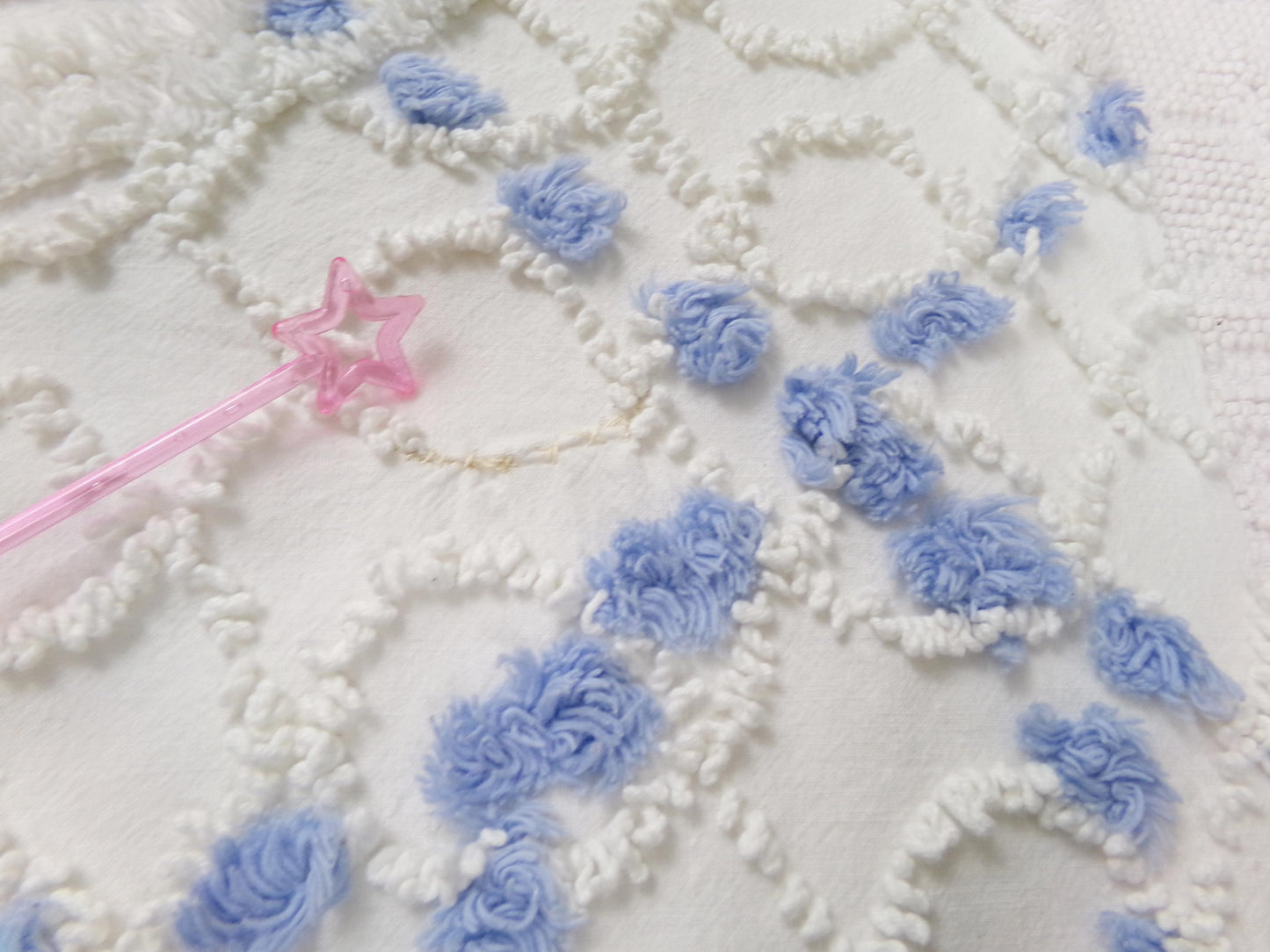 shabby cottage vintage chenille fabric, pink rose quilt material, 22" x 25" piece