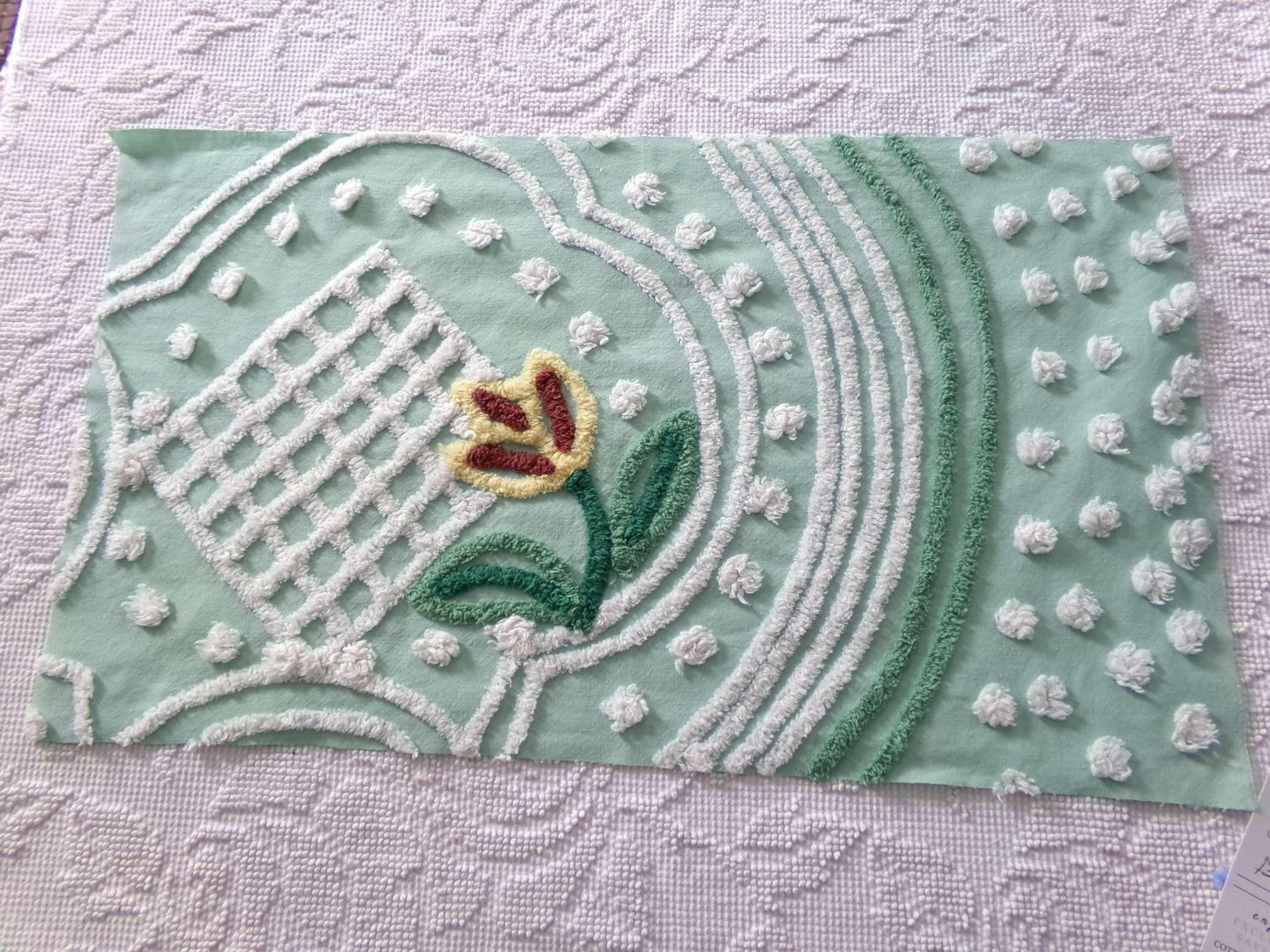 springtime tulip vintage chenille fabric, mint green floral cotton sewing material, 13" x 23" inch piece