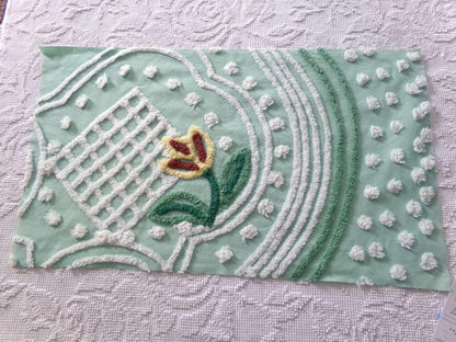 springtime tulip vintage chenille fabric, mint green floral cotton sewing material, 13" x 23" inch piece