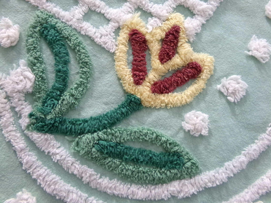 springtime tulip vintage chenille fabric, mint green floral cotton sewing material, 13" x 23" inch piece