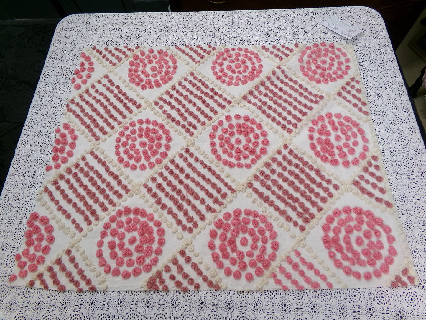 Rose Pink Diamond Pops Vintage Chenille Fabric 20 x 24" Shabby Sewing Quilt Material