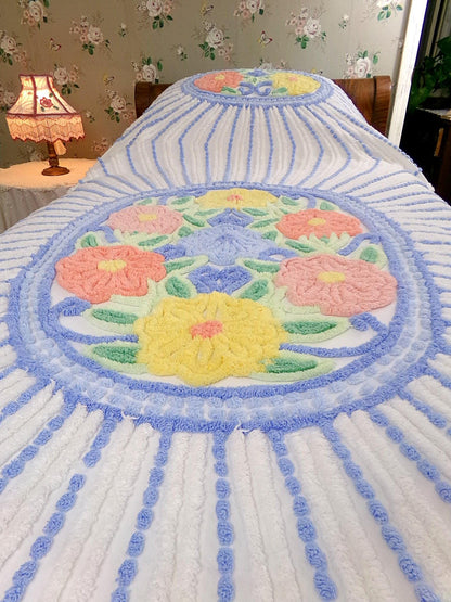 vintage full size chenille bedspread in blue & white colorful cameo starburst florals