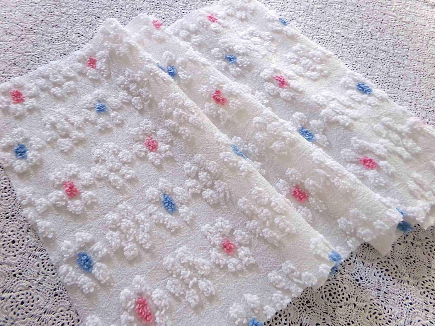 Vintage Style Chenille Fabric, Y2K Daisy, White, Pink & Blue, 22x26" Piece