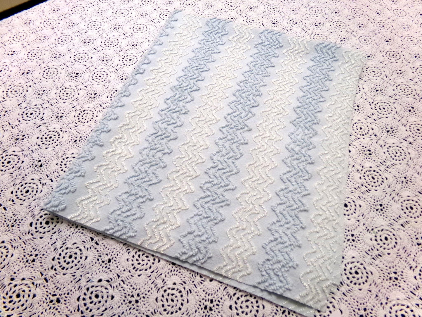 pastel blue & white vintage chenille fabric 23" x 20" gentle zig zag texture quilting material