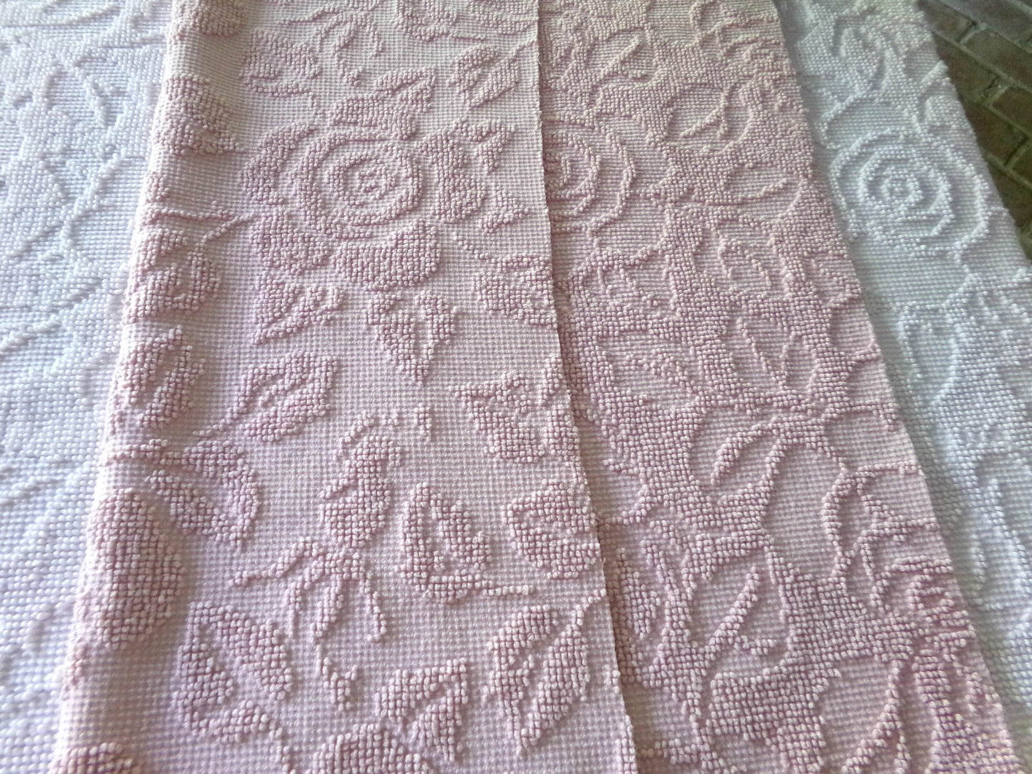 Rose Mist Vintage Woven Chenille Fabric, 24" x 20" Inch Reversible Piece, 100% Cotton, Hobnail Imperial Roses Pattern, Ideal in Quilts