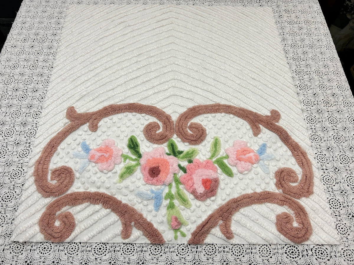 Vintage Floral Chenille Fabric, 22x24" Antique Sewing Textile