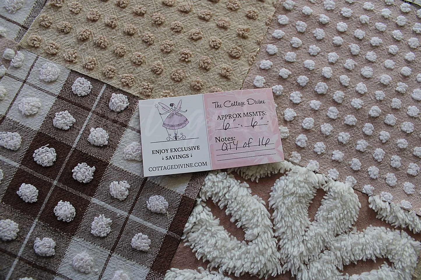 Cozy Mocha Chenille Quilt Squares Set, from Vintage Bedspread Fabric, 16 Blocks, 6" x 6" inches each, Pops & Daisies