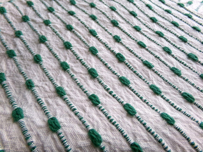 preppy kelly green textured fabric piece, vintage chenille raindrop dots on white woven cotton, great in quilts, xmas stockings, 20" x 25"
