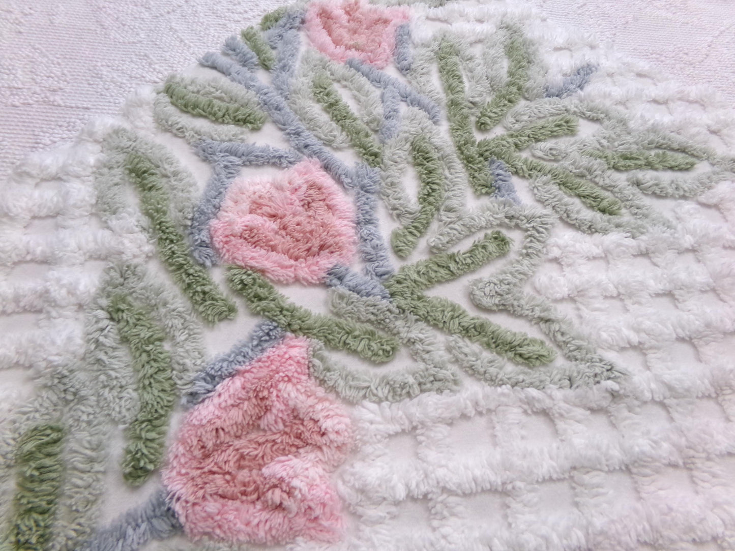 climbing tulips vintage chenille fabric in plush pink & white offset floral trellis design, 26" x 24" piece of sewing material