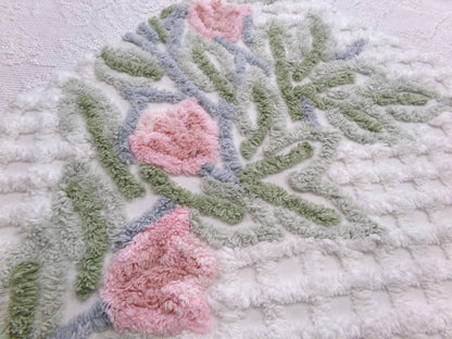 climbing tulips vintage chenille fabric in plush pink & white offset floral trellis design, 26" x 24" piece of sewing material