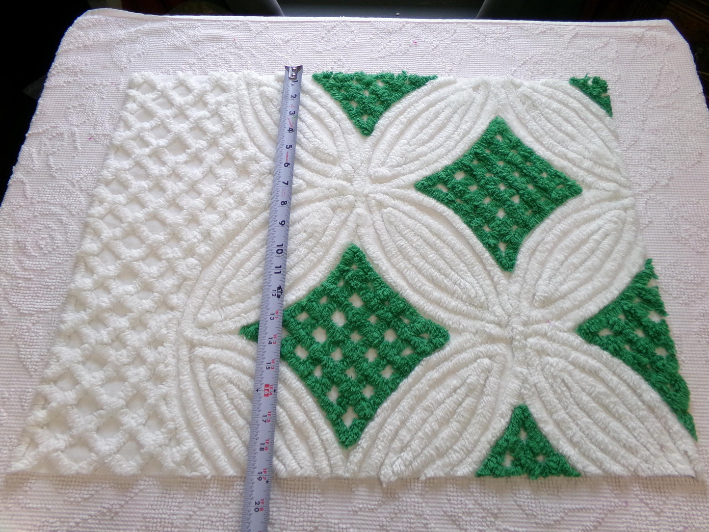 plush vintage chenille fabric: preppy kelly green & white wedding rings, 18" x 24" piece