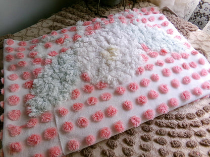 Darling White Lily Vintage Fabric, Handtufted Antique Chenille Pink & White Pops, 20" x 28" Inch Piece