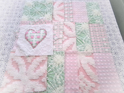 Vintage Chenille Quilt Squares, Pink Green, White 6" Fabric Blocks, Set of 17 for Quilting & Crafts