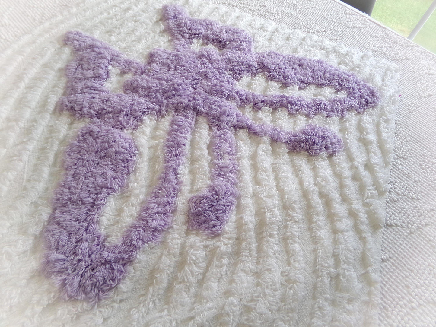 lilac butterfly vintage style chenille fabric, 19" x 15" piece of cotton sewing material, upcycle into pillows, quilts