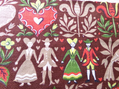 vintage barkcloth fabric in dutch country colonial style shadow print with people, hearts, birds, apple trees, houses, 16" x 22" inch piece