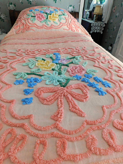 Romantic Vintage Chenille Bedspread, Spring Flowers on Old Fashioned Peach, Full Size 100% Cotton Summer Coverlet
