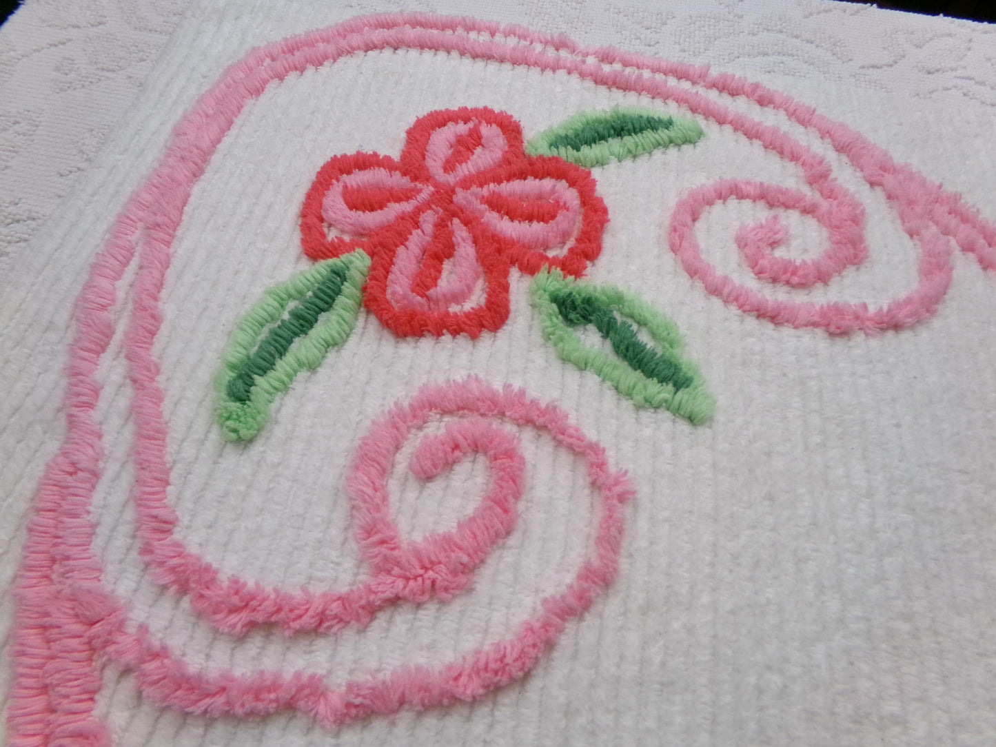 Vintage Chenille Fabric, Pink Flower Abstract Heart Piece Sewing & Quilt Material 22" x 23"