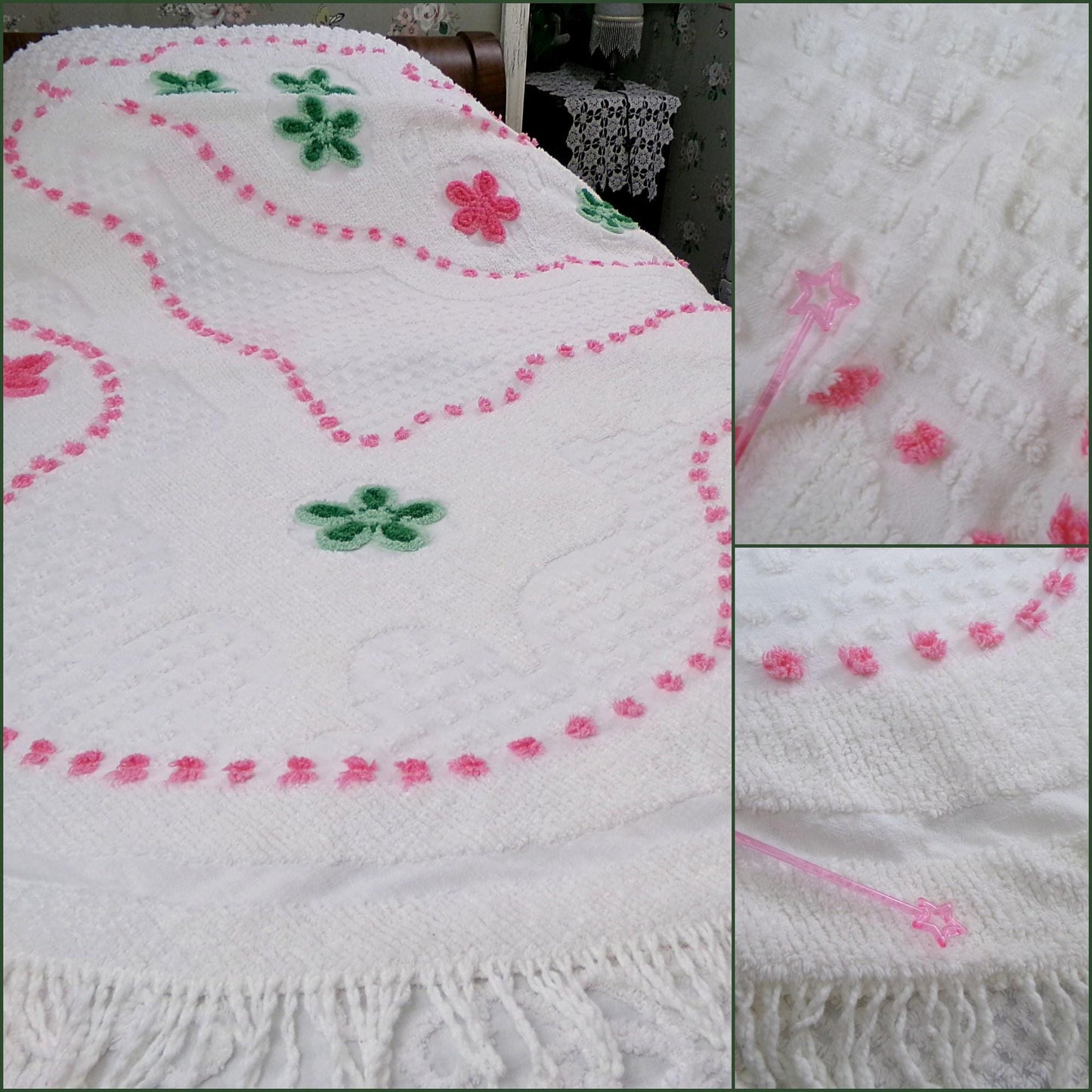 Summer Vintage Chenille Bedspread, Candy Floral Wreath on White w/ Accent Fringe, Full Size Cotton Bedding