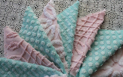 pink & aqua chenille fabric squares, set of quilt blocks cut from vintage chenille bedspreads, set of 16, 6" x 6" each for sewing, crafts