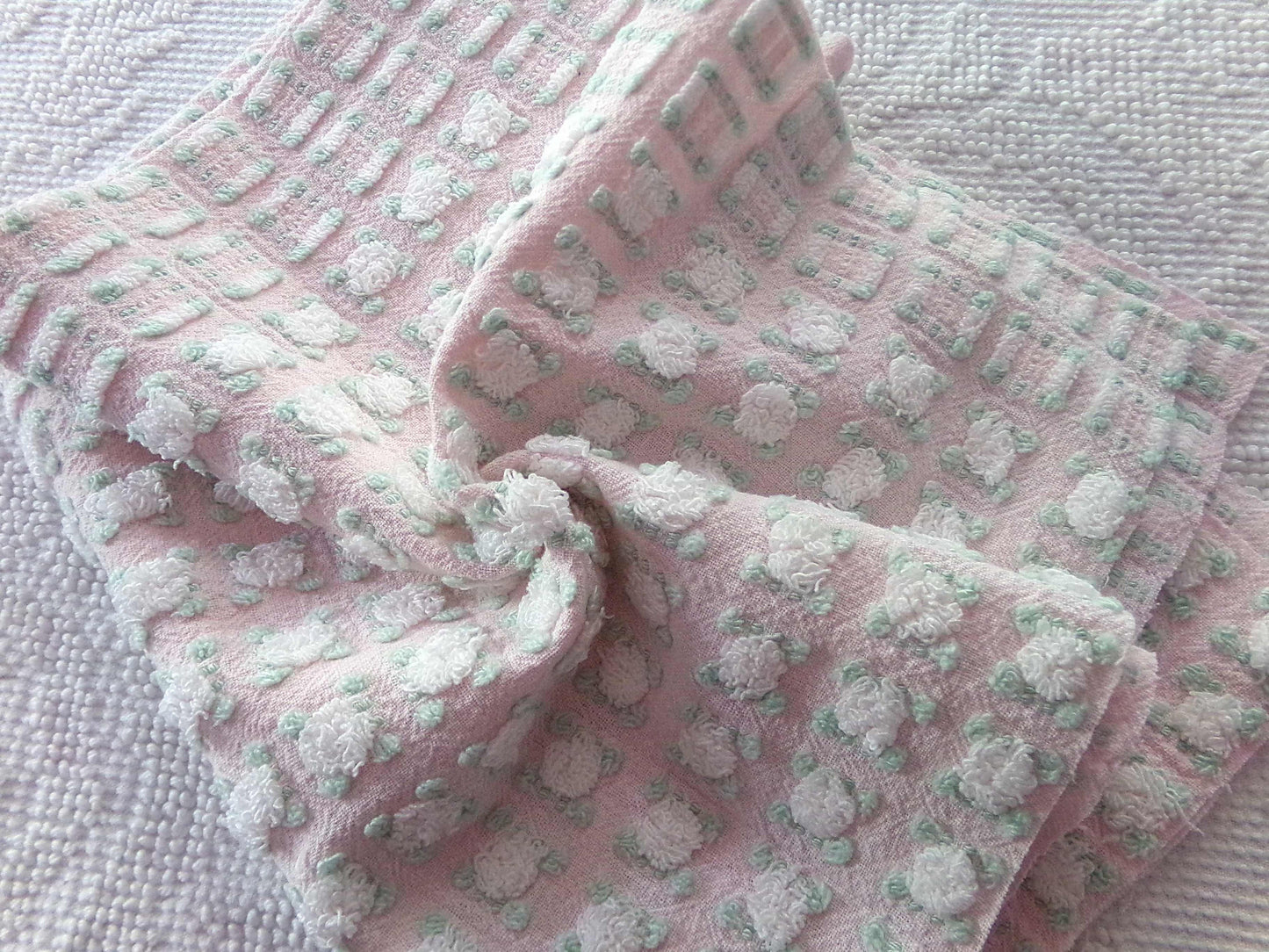 phantom white rosebud chenille fabric, 18" x 24" inch piece of dusty pink vintage Morgan Jones rosebuds quilt material for sewing & crafts