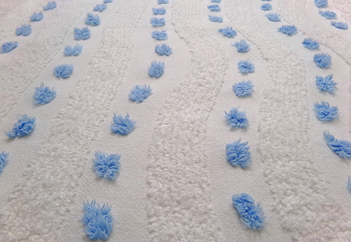 Vintage Chenille Fabric Piece, Shabby Lightweight Blue & White Wave Dots, 16" x 23"