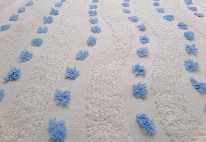 Vintage Chenille Fabric Piece, Shabby Lightweight Blue & White Wave Dots, 16" x 23"