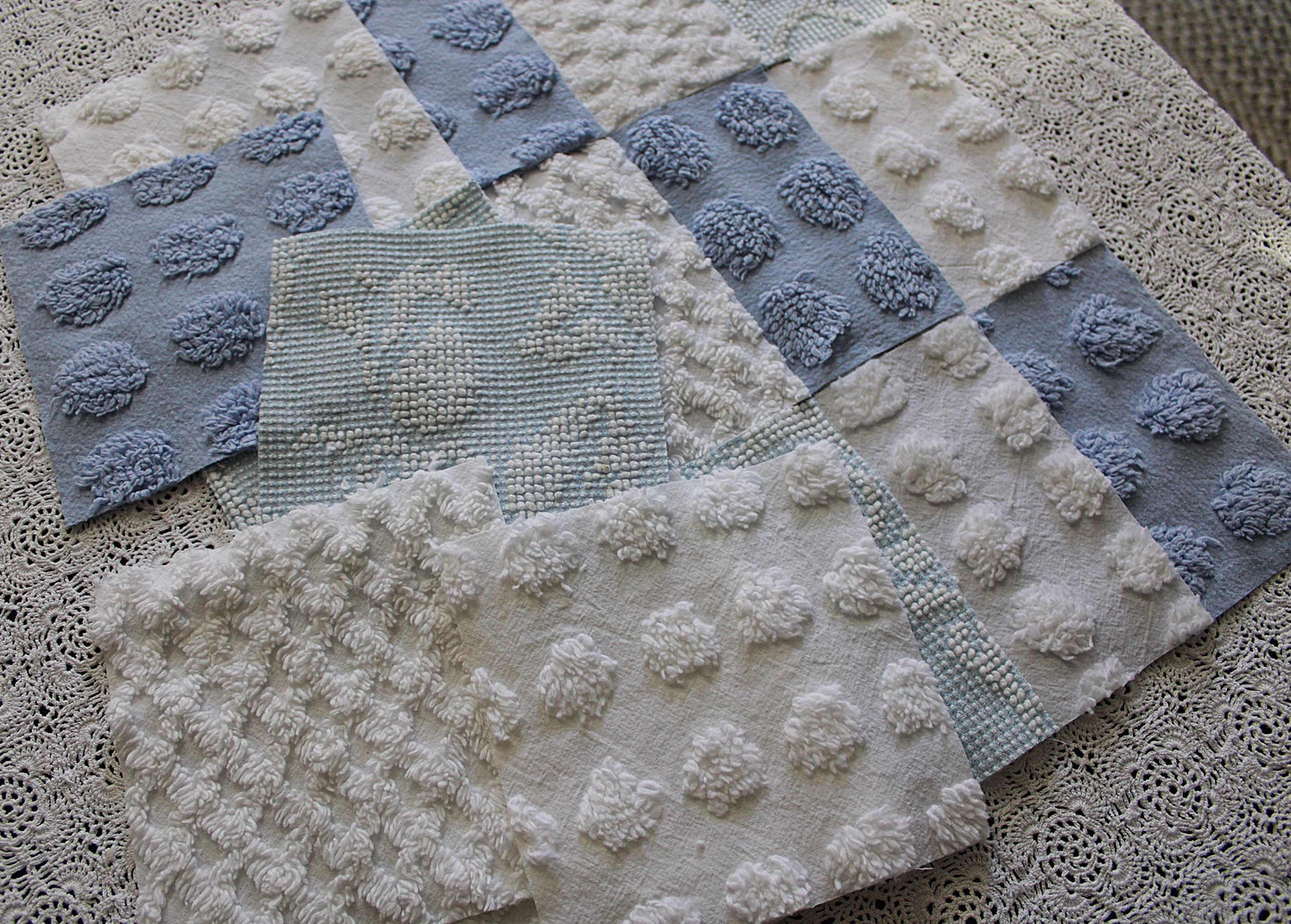 vintage chenille fabric squares, set of 16 coastal blue & white 6" quilt blocks for patchwork pillows, quilting, crafts