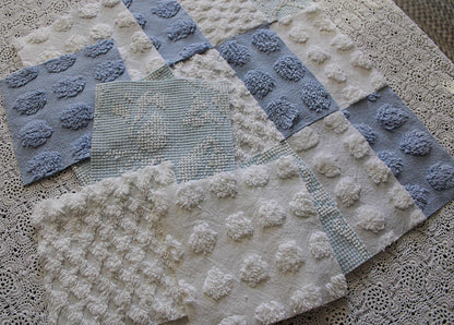 vintage chenille fabric squares, set of 16 coastal blue & white 6" quilt blocks for patchwork pillows, quilting, crafts