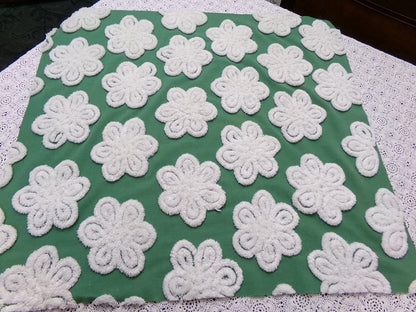 Green White Daisy Vtg Chenille Bedspread Fabric 23x24 Pc Antique Sewing Material