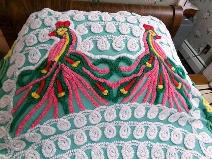 Green Peacock Vintage Chenille Bedspread, Full Size Pink Lovebirds & Swirls