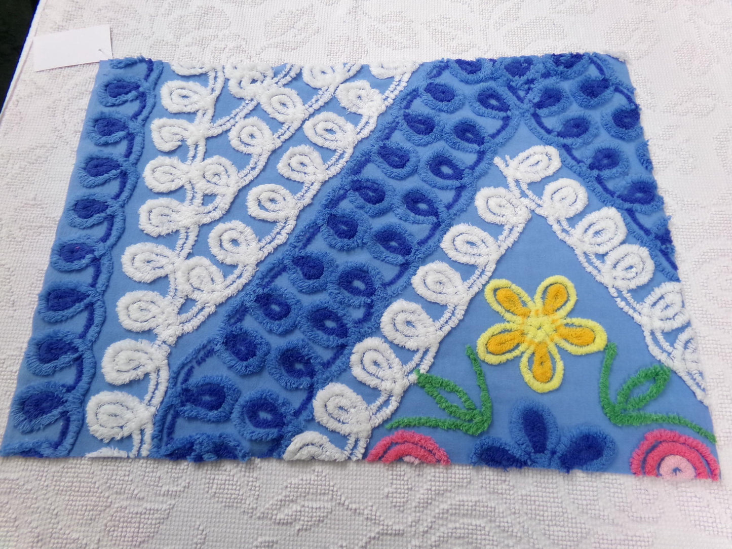 Vintage Chenille Bedspread Fabric, Boho Coastal Blue & White 16" x 23" Piece Sewing Material