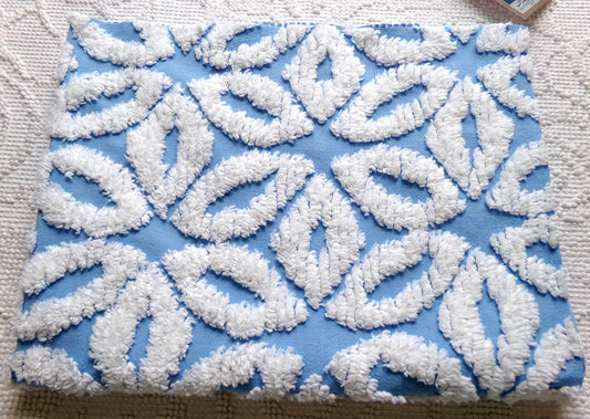 boho blue daisy vintage chenille bedspread fabric, white tufted daisies, 18" x 23"