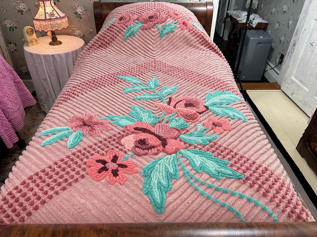 Vintage Chenille Bedspread Twin Dusty Pink Aqua Floral Bouquet Cottage Shabby