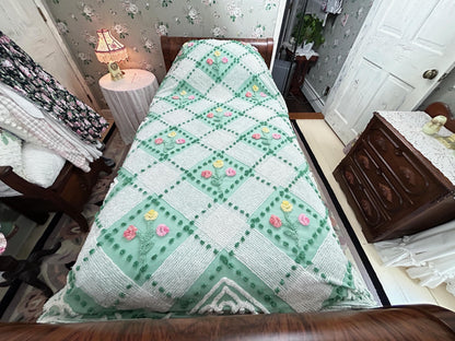 Mint Green Floral Vintage Chenille Bedspread, Cottage Garden Trellis Flowers, Full