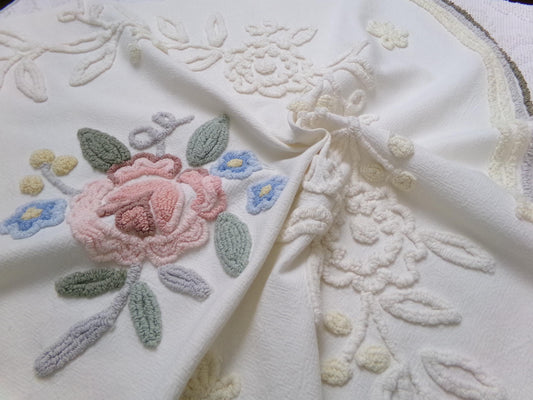 Solitary Rose Vintage Chenille Bedspread Fabric, Shabby Sweet Sewing Material, 22" x 24"