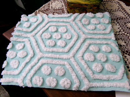 Vintage Chenille Fabric Coastal Fresh Aqua White Geometric Hexagon Dot 18x24"