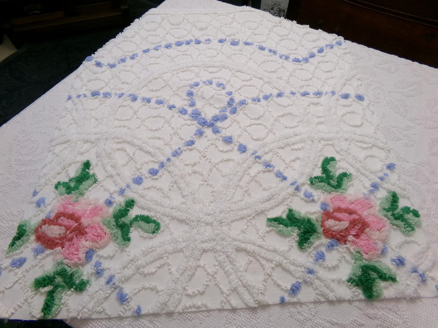 shabby romantic vintage chenille bedspread fabric, pink rose quilt material, 26" x 30" piece
