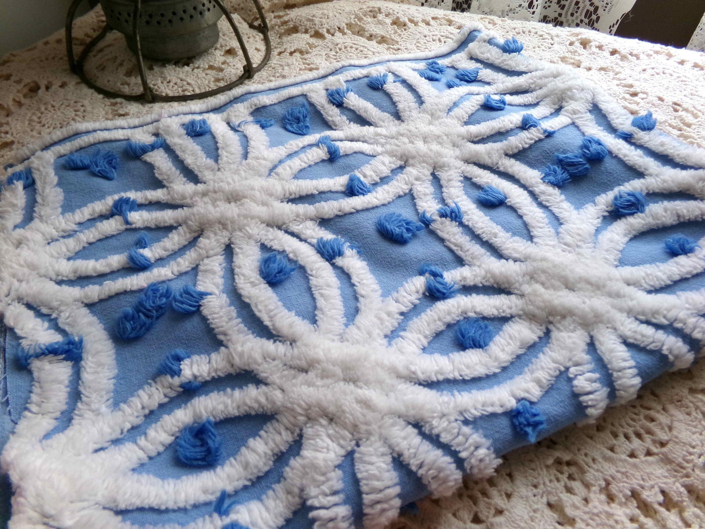 serene blue & white vintage chenille fabric, 19" x 23" cotton quilt material
