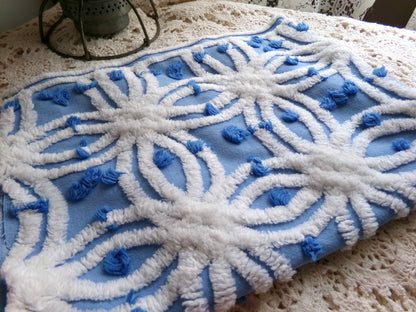 serene blue & white vintage chenille fabric, 19" x 23" cotton quilt material