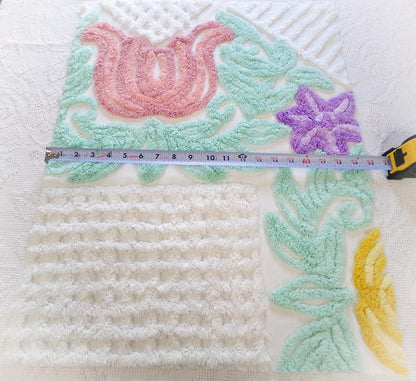 big pink tulip vintage chenille fabric, tropical floral design on white cotton, 18" x 24" piece, upcycle for wallhanging, pillows