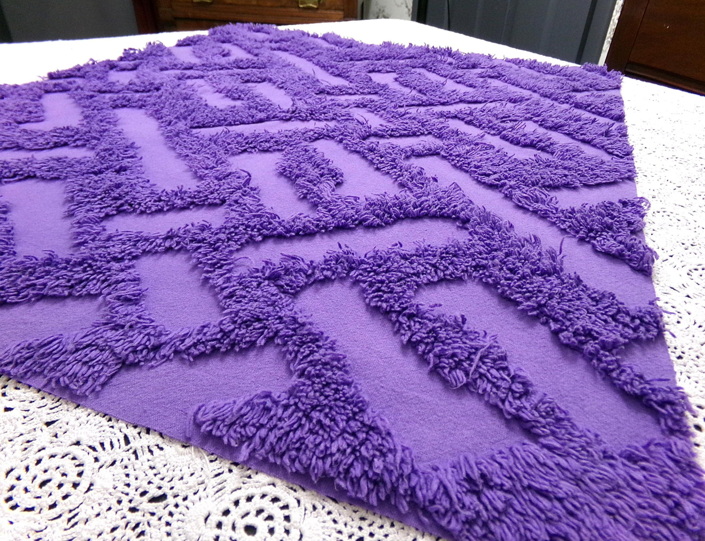 Vintage Royal Purple Chenille Fabric 18 x 24" Labyrinth Maze Geometric Boho Quilt Sewing Material