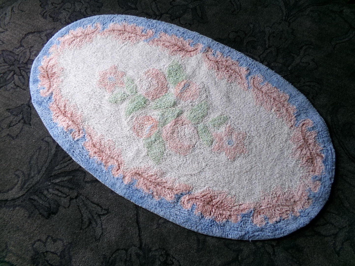 Vintage Shabby Cottage Chenille Rug, Lovely Muted Rose Florals & Pink Leaves, Cotton Bed Bath Accent Mat, Oval Shape, Large Size 25"W x 44"L